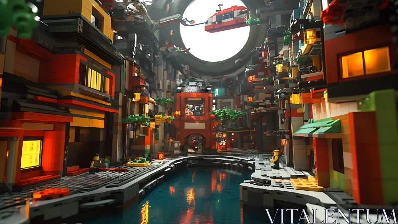 Cyberpunk Cityscape: Neon-Lit Canal in Rendered Urban District