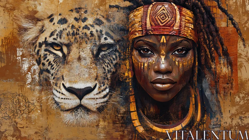 Wild soul, painted gaze: woman and leopard in harmony.