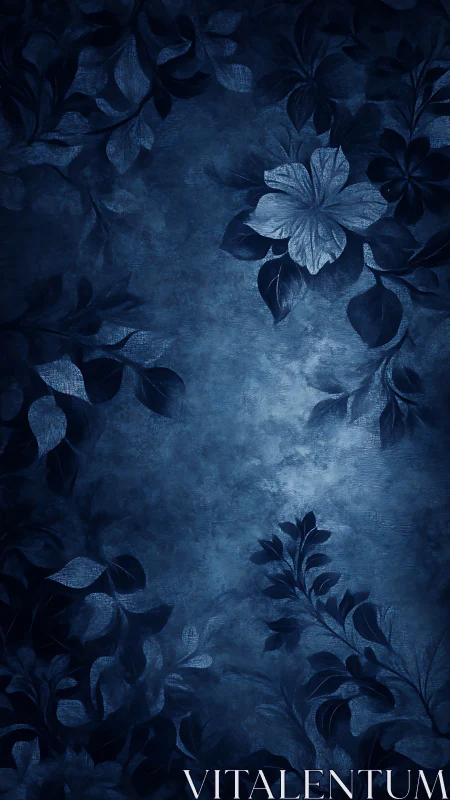 Midnight floral wallpaper with textured blue foliage border.
