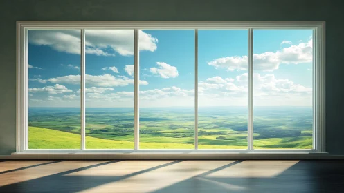Panoramic glazing system framing stratified rural horizon.