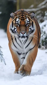 Snow-walking tiger strides through winter silence with fire.
