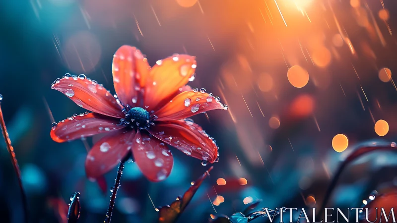 Rain-Soaked Red Flower with Bokeh Lights and Water Droplets
