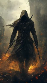 Hooded rogue strides through burning rain-lit battlefield.