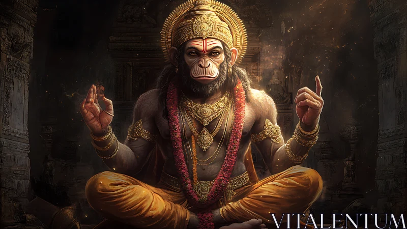 Hanuman sits in radiant meditation amid sacred temple ruins