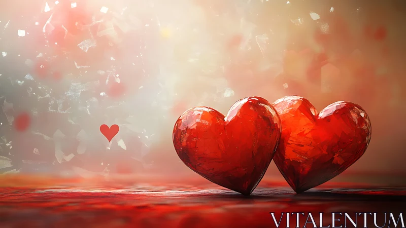 Two Red Glass Hearts on Textured Surface.