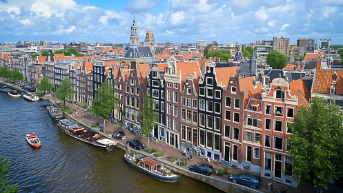 Sunlit canal houses and boats in a cheerful city panorama.
