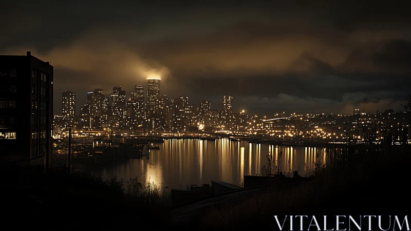 Moody harbor city skyline glows under brooding night clouds