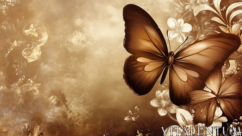 Gentle sepia butterfly drifts above softly glowing flowers