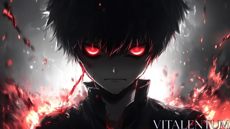 Dark eyed warrior quietly stands within swirling crimson fire