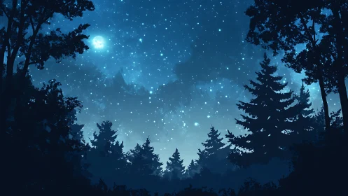 Moonlit forest canopy beneath star-scattered night sky.