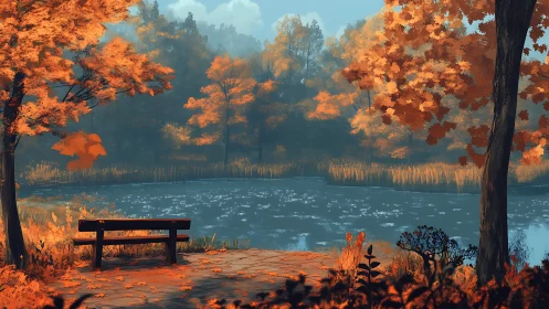 Autumn park bench by still lake under orange foliage.