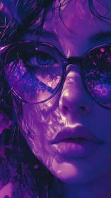 Neon-lit portrait merges glass reflections and liquid light.