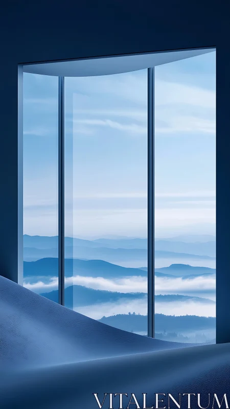 Minimalist window view over misty blue mountain ranges.