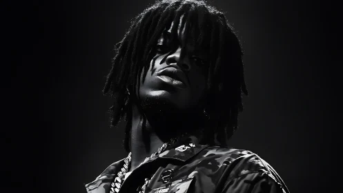 Monochrome hip-hop portrait with dramatic low-key lighting.
