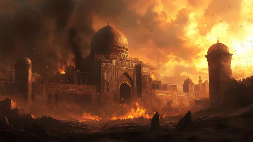 Walled domed city under extensive fire and dense smoke.