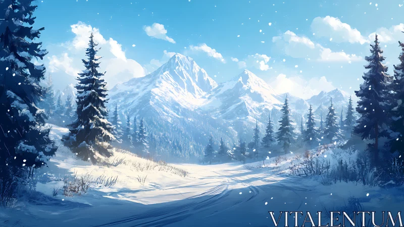 High-altitude conifer forest under fresh alpine snowfall panorama