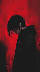 Dark hooded figure in profile against harsh red background.