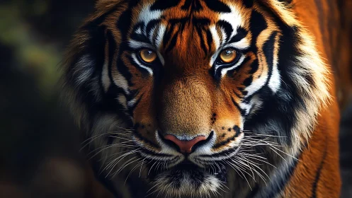 Tiger eyes lock forward under rich golden rim light.
