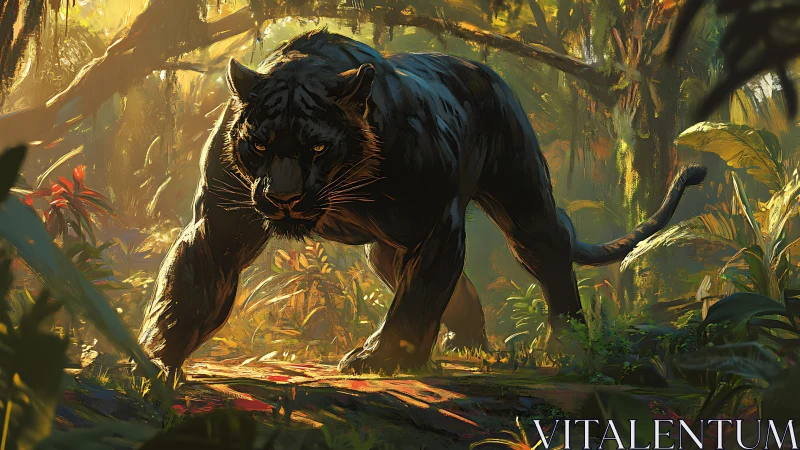 Black Panther Prowling Through Dense Jungle With Golden Dappled Light