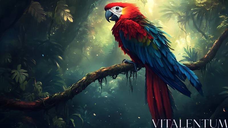 Vibrant Scarlet Macaw Perched in Lush Jungle Digital Artwork.