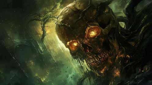 Infernal skull titan emerges from a decaying alien void.