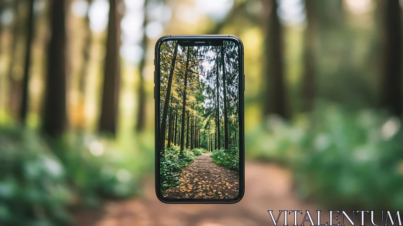 Smartphone Display of Forest Trail with Tall Conifers in Depth