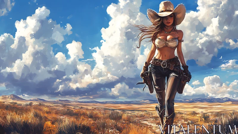 Female cowboy figure in open desert under cumulus clouds.