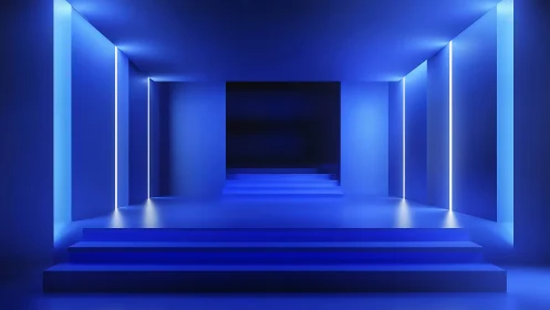 Futuristic blue corridor with stepped platform and linear LEDs