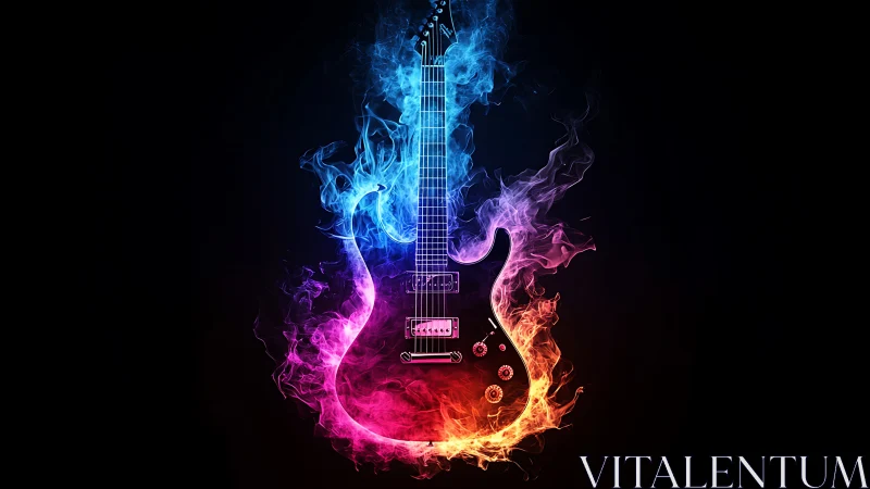 Digital painting of guitar in neon fire and smoke composition.