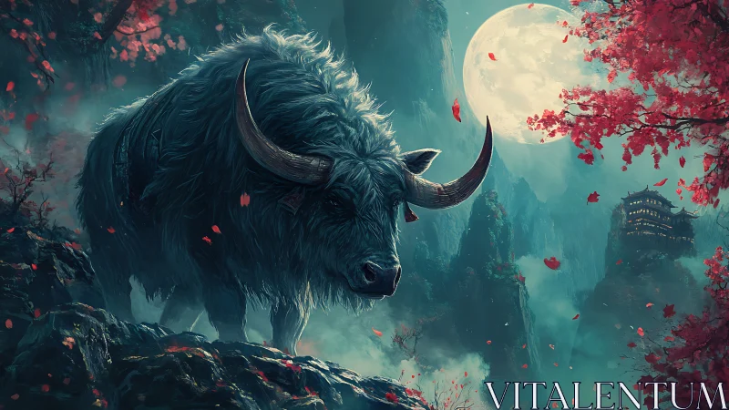 Mythic horned beast in moonlit mountain forest scene.