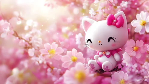 Blossom-bright kitten toy giggles amid dreamy sakura haze