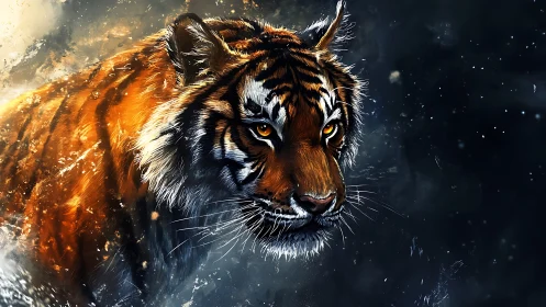 Tiger emerging through dynamic splashes and cinematic lighting.