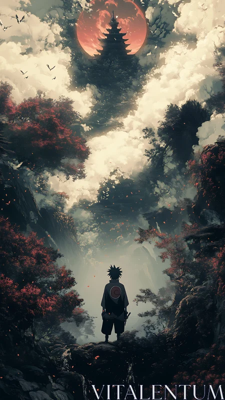 Solitary ninja silhouette facing distant pagoda under blood moon