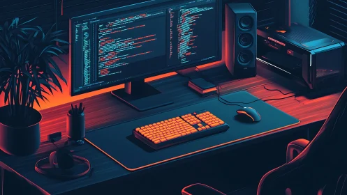 Neon lit coding desk glows with a focused late night energy