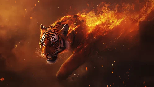 Flameborn tiger lunges through embers of a burning dusk.