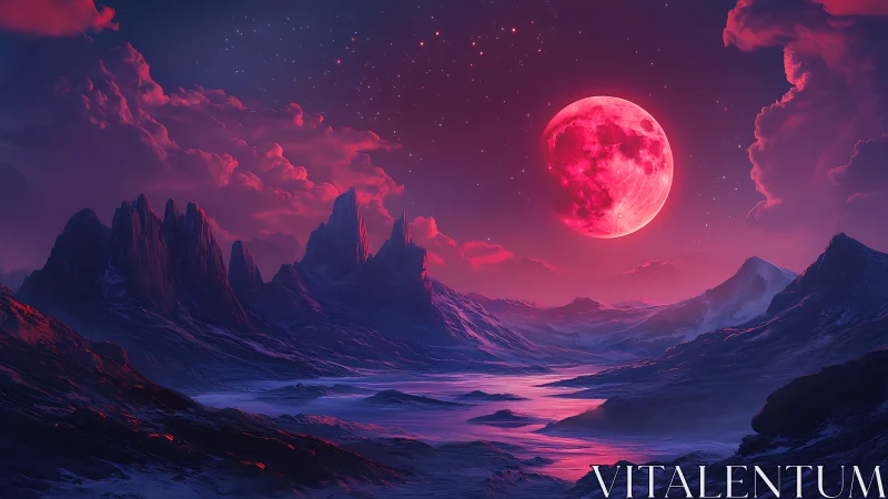 Crimson moonrise bathes an alien valley in surreal twilight