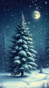 Moonlit pine listening to softly falling winter snow.