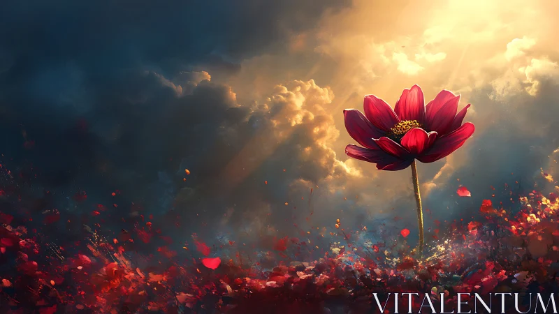 Solitary crimson flower rising through radiant storm clouds.