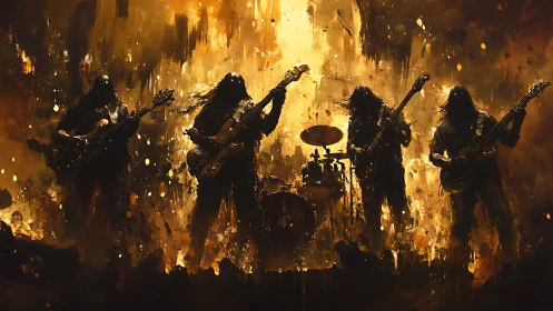 Inferno stage storm with shadowed rock band silhouettes ablaze.