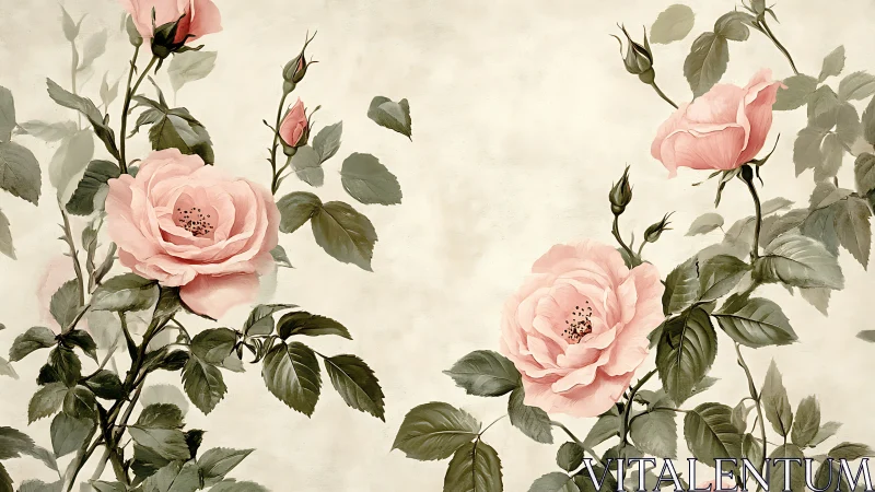Soft pink garden roses bloom against muted vintage ground