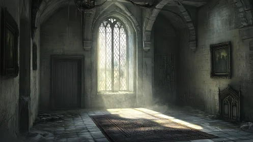 Dusty abandoned stone hall with arched window and rug.