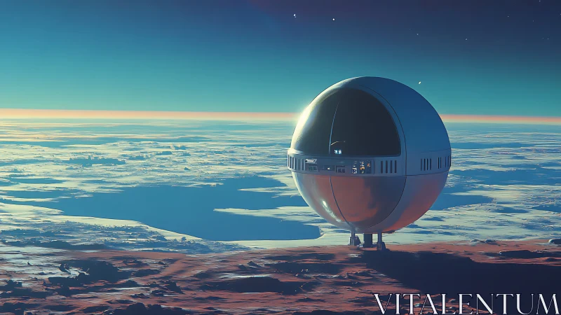 Spherical observation pod hovers above frozen alien seascape