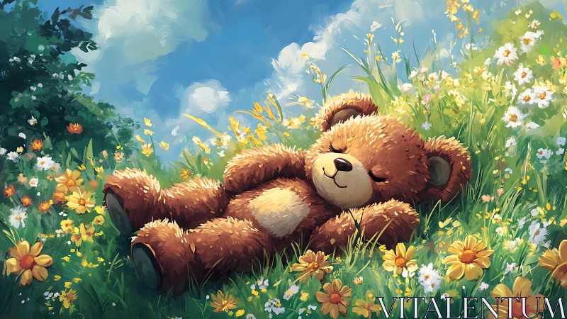 Sleeping teddy bear in sunny wildflower meadow dreamscape.