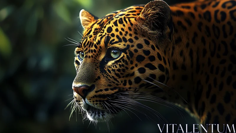 Golden leopard portrait against misty forest backdrop.