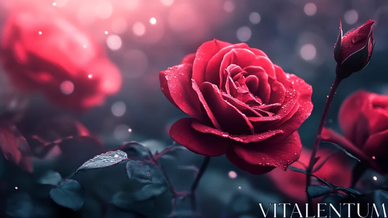 Red roses glistening with dewdrops against blurred bokeh.