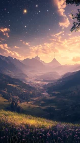 Starlit valley unfolds beneath glowing sunset sky.