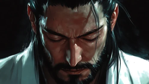 Stoic warrior lowers gaze in tense, shadowed close-up