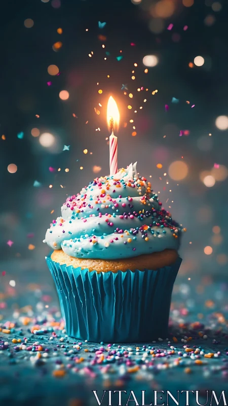 Birthday Cupcake with Lit Candle and Colorful Sprinkles