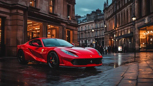 Crimson supercar gliding through a rain-kissed city evening.