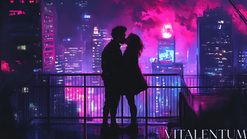 Silhouetted rooftop kiss in neon magenta cyberpunk megacity